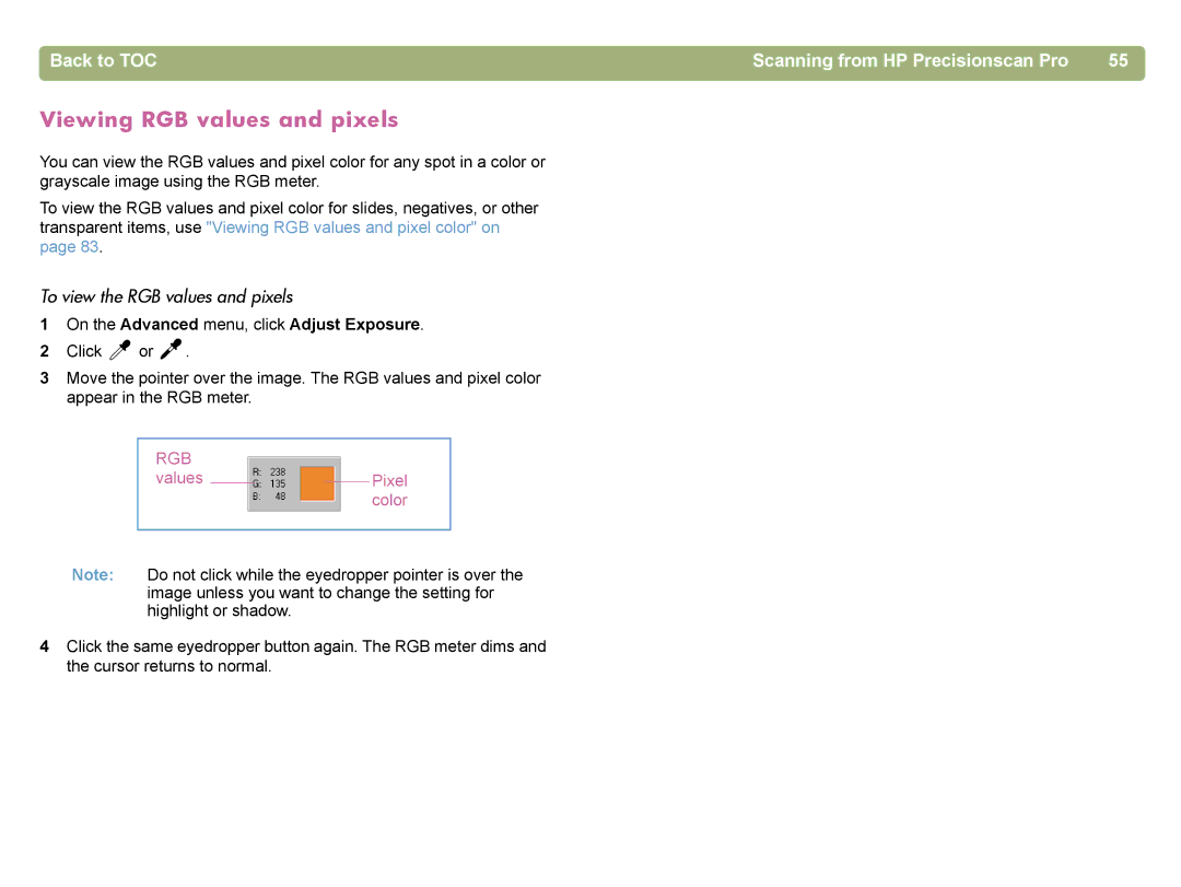 HP 4400C Viewing RGB values and pixels, Back to TOC Scanning from HP Precisionscan Pro, To view the RGB values and pixels 