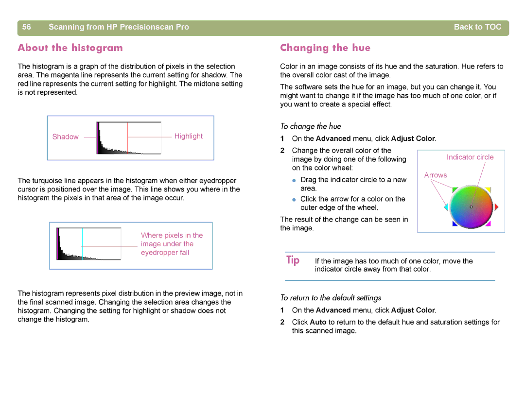 HP 4400C manual About the histogram, Changing the hue, To change the hue, On the Advanced menu, click Adjust Color 