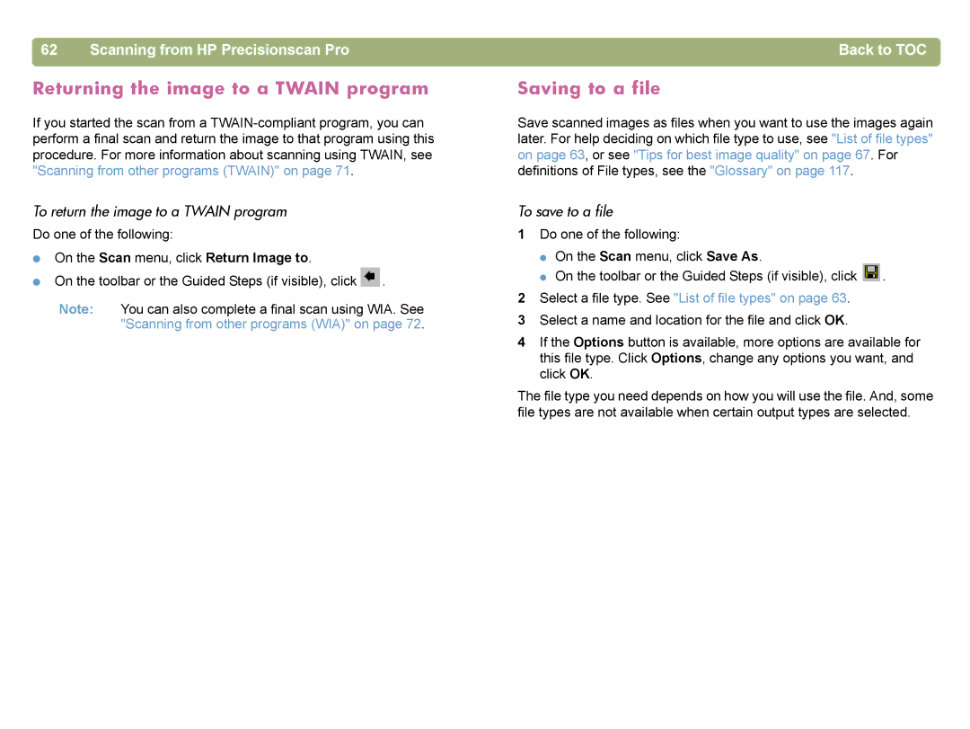 HP 4400C manual Returning the image to a Twain program, Saving to a file, To return the image to a Twain program 