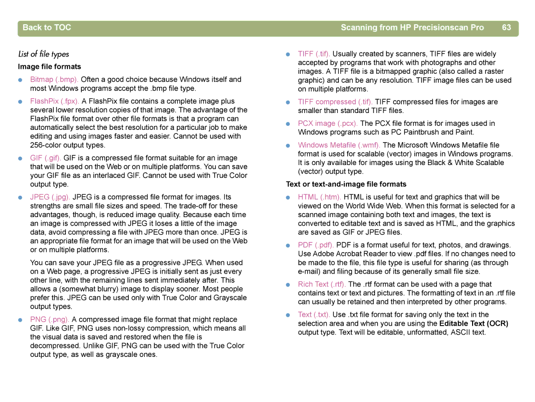 HP 4400C manual List of file types, Image file formats, Text or text-and-image file formats 