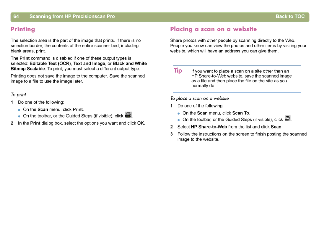 HP 4400C manual Printing, Placing a scan on a website, To print 