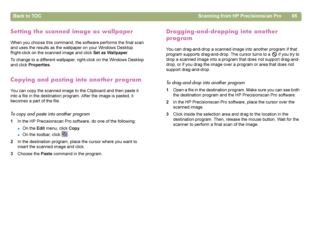 HP 4400C manual Setting the scanned image as wallpaper, Copying and pasting into another program 