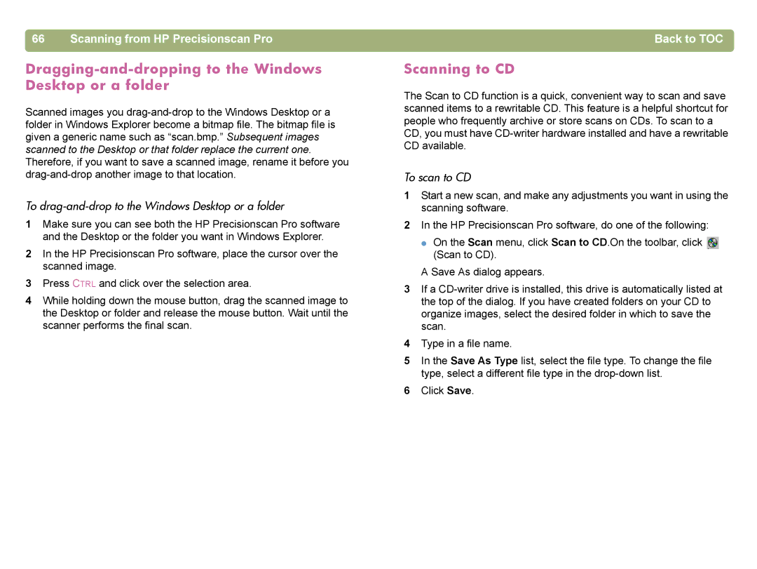 HP 4400C manual Dragging-and-dropping to the Windows Desktop or a folder, Scanning to CD, To scan to CD 