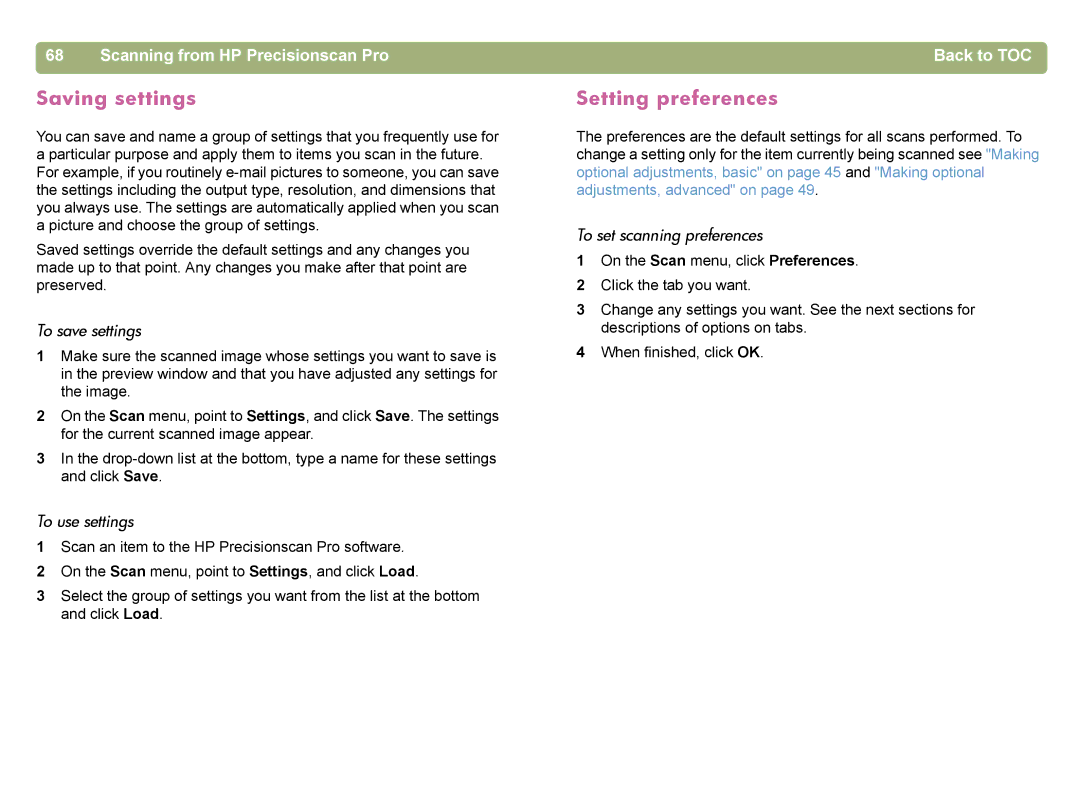 HP 4400C manual Saving settings, Setting preferences, To save settings, To use settings, To set scanning preferences 