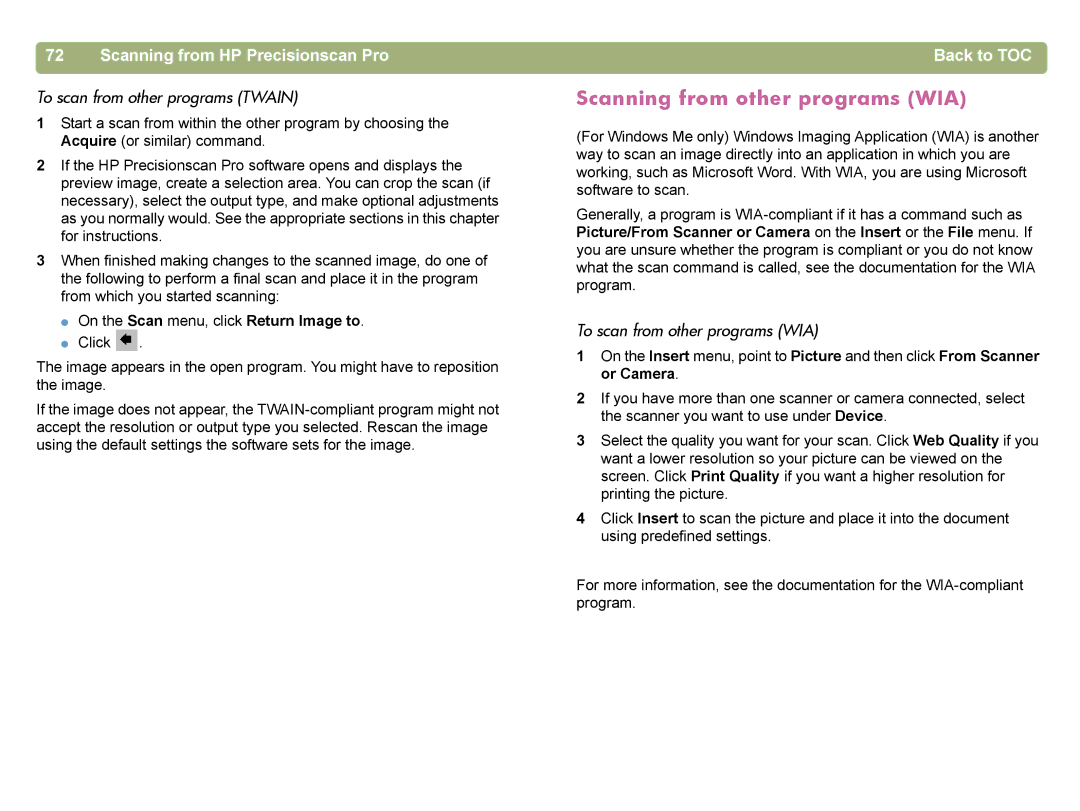 HP 4400C manual Scanning from other programs WIA, To scan from other programs Twain, To scan from other programs WIA 