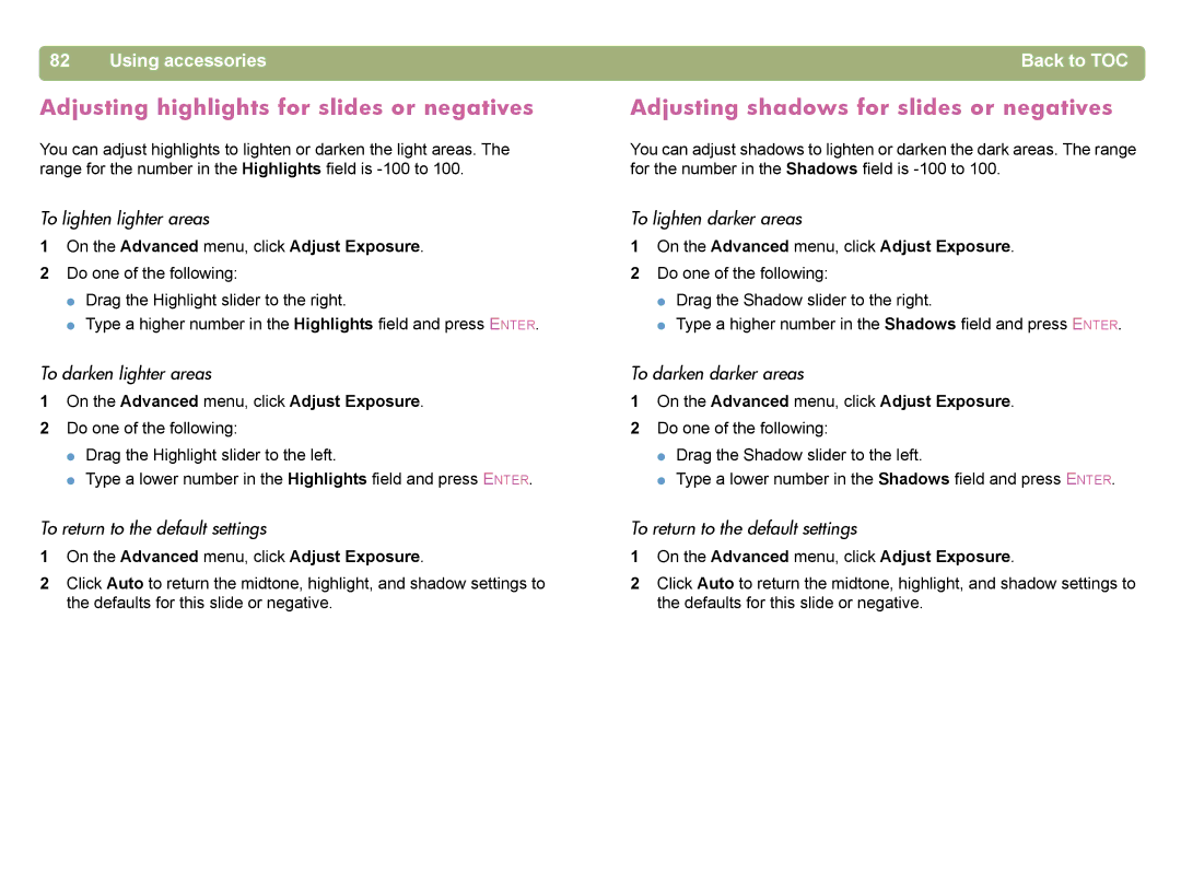 HP 4400C manual Adjusting highlights for slides or negatives, Adjusting shadows for slides or negatives 