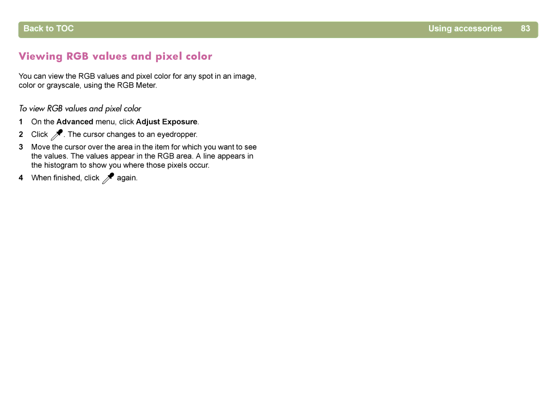 HP 4400C manual Viewing RGB values and pixel color, To view RGB values and pixel color 