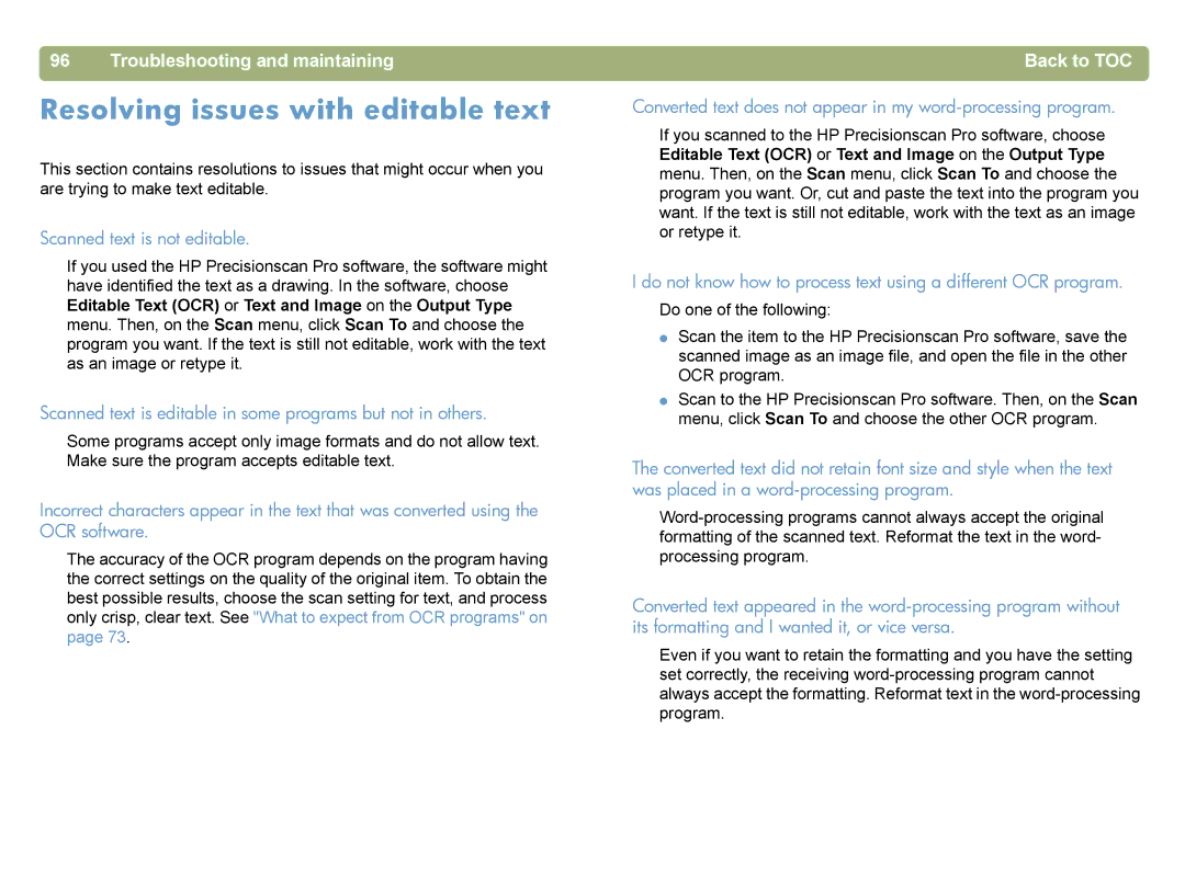 HP 4400C manual Resolving issues with editable text, Scanned text is not editable 