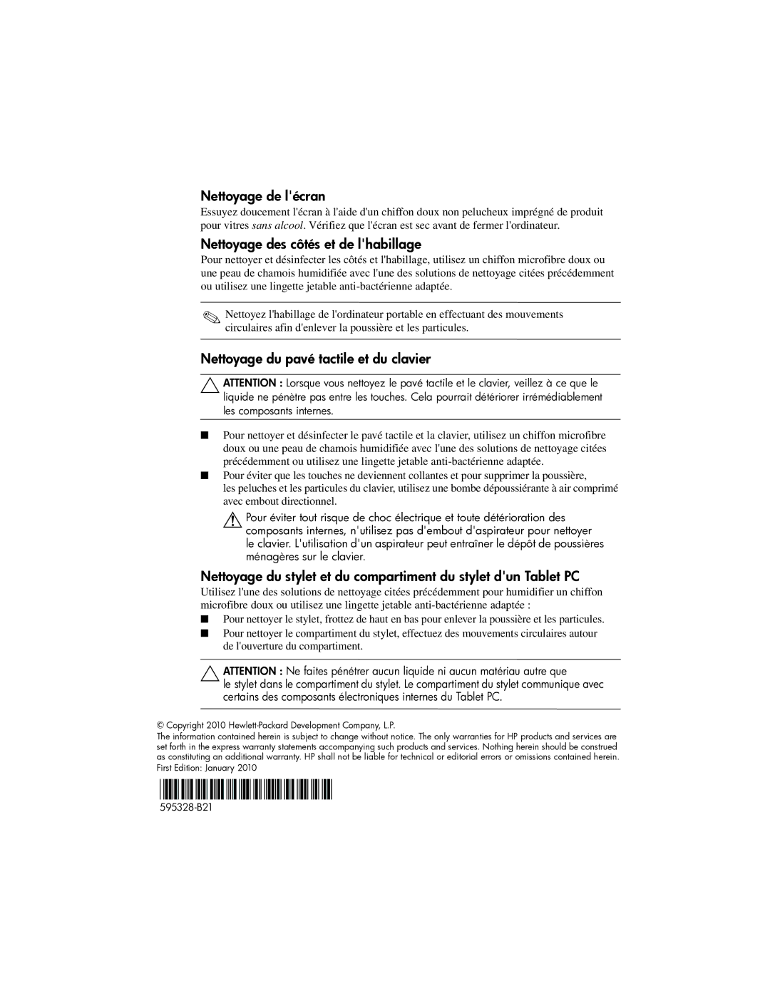 HP 4410t Mobile manual Nettoyage de lécran, Nettoyage des côtés et de lhabillage, Nettoyage du pavé tactile et du clavier 