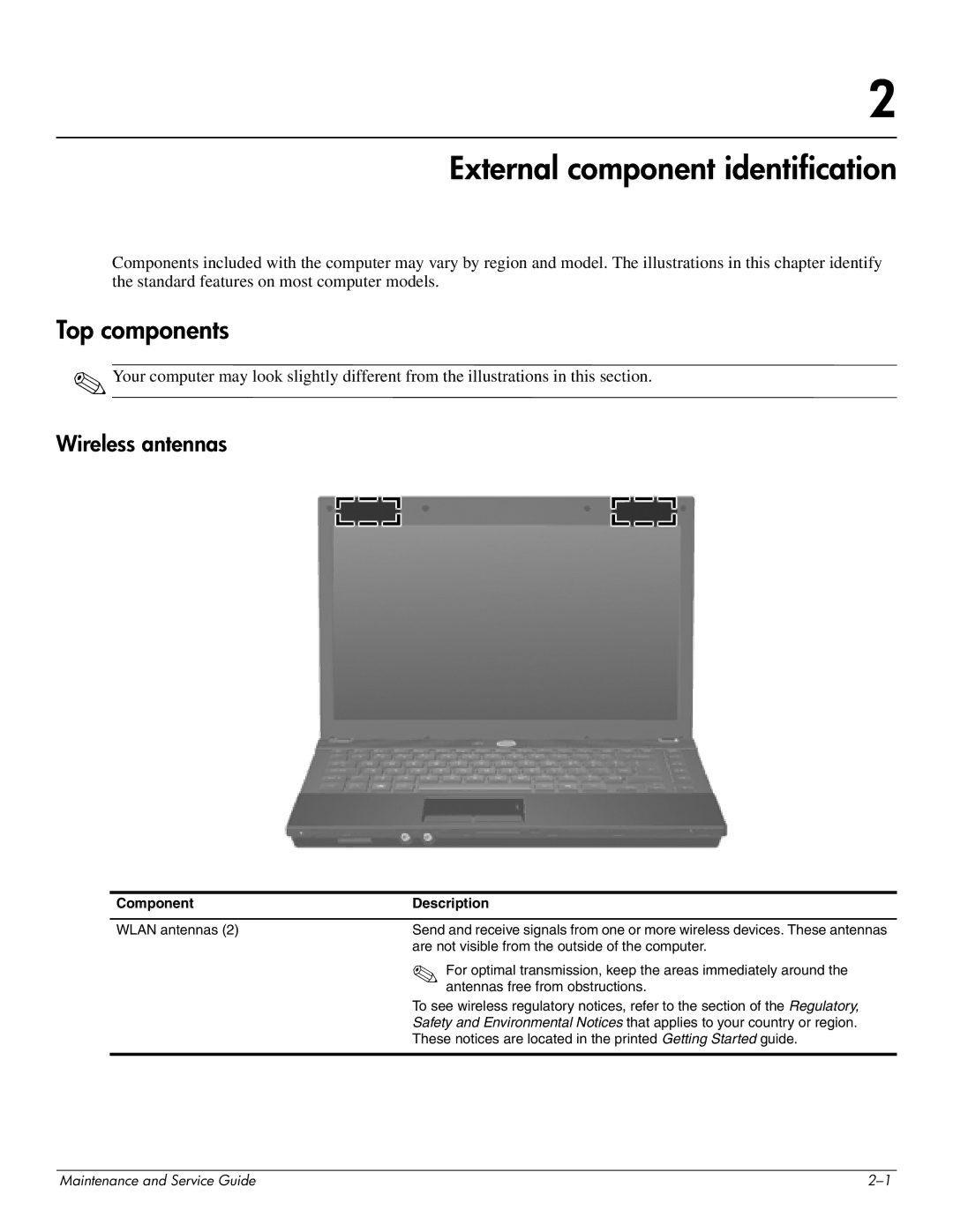 HP 4410t Mobile manual External component identification, Top components, Wireless antennas, Component Description 