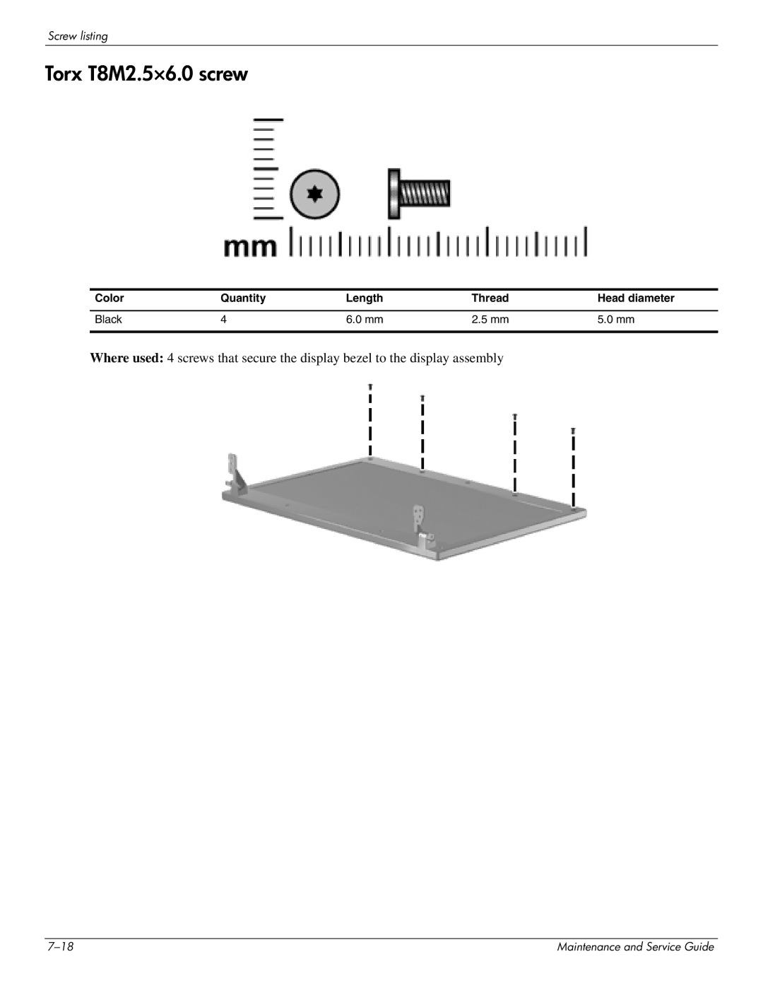 HP 4410t Mobile manual Torx T8M2.5×6.0 screw 