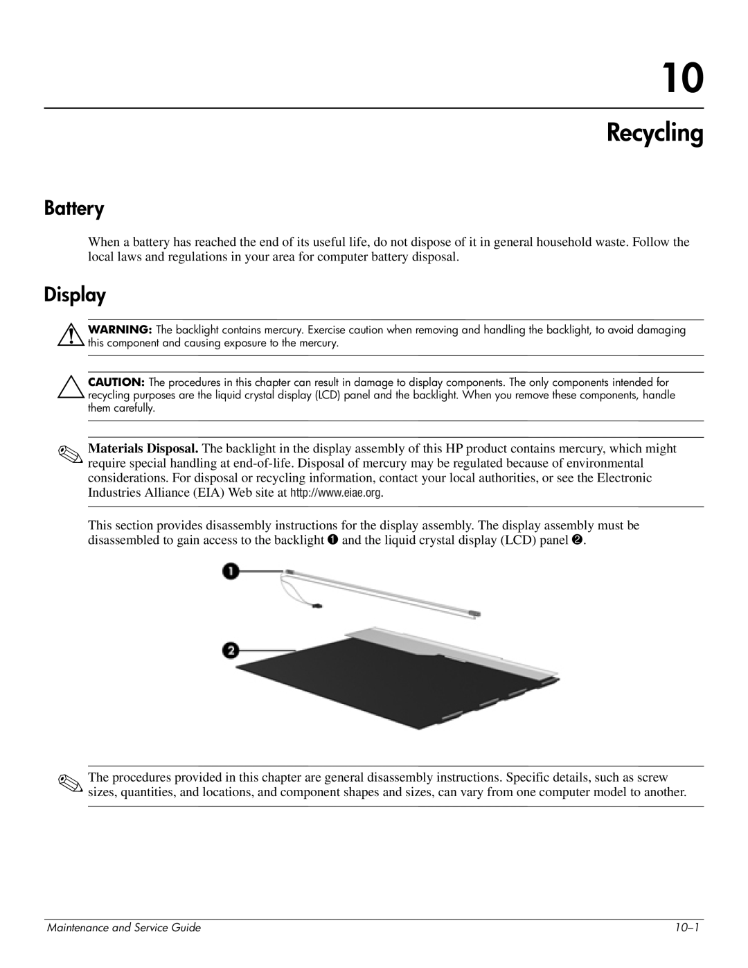 HP 4410t Mobile manual Recycling, Battery, Display 