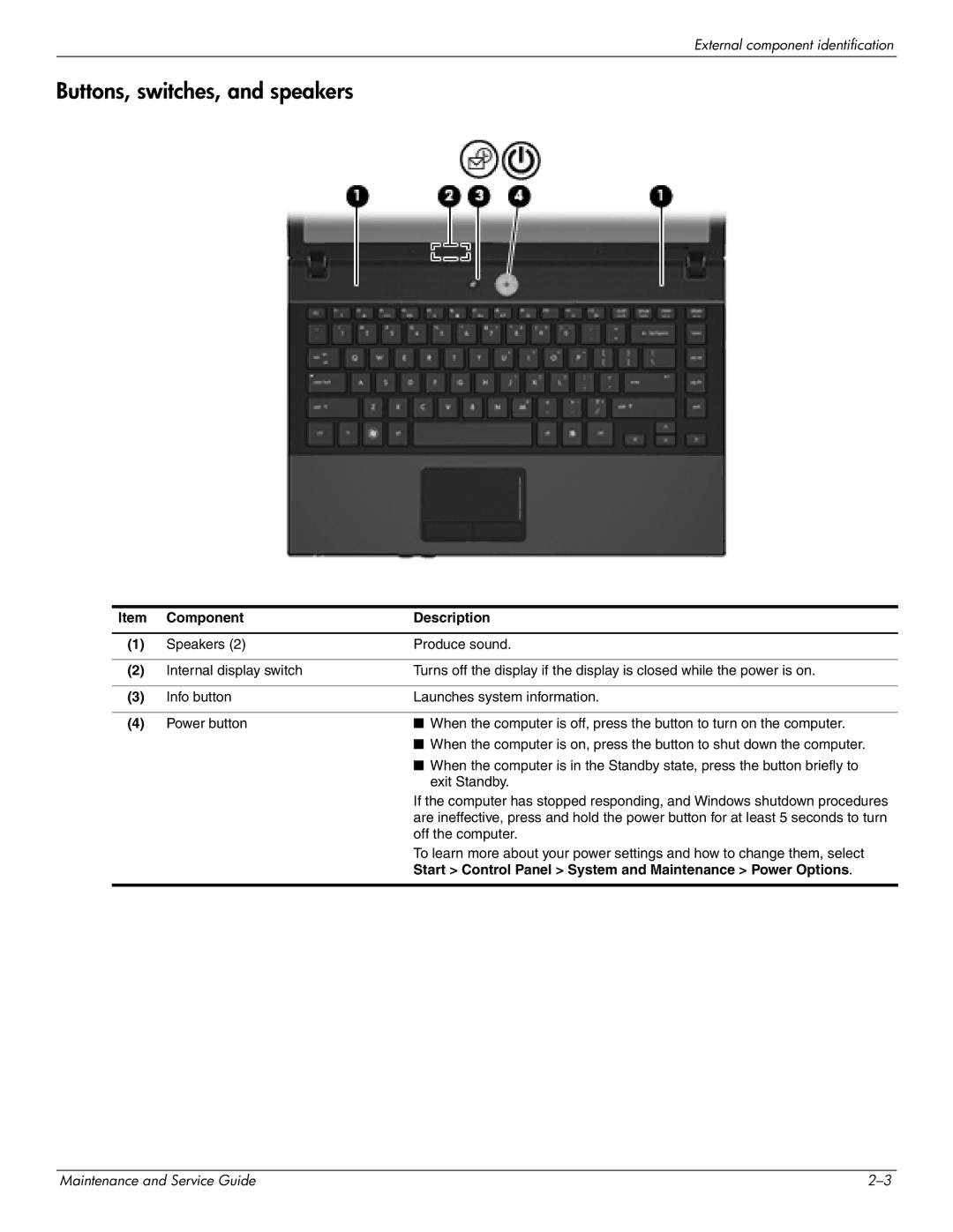 HP 4410t Mobile manual Buttons, switches, and speakers 