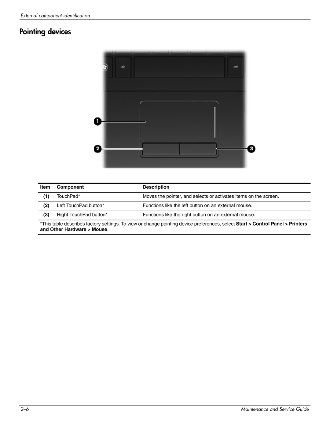 HP 4410t Mobile manual Pointing devices, Other Hardware Mouse 