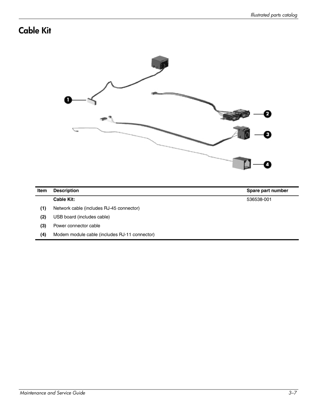 HP 4410t Mobile manual Item Description Spare part number Cable Kit 536538-001 