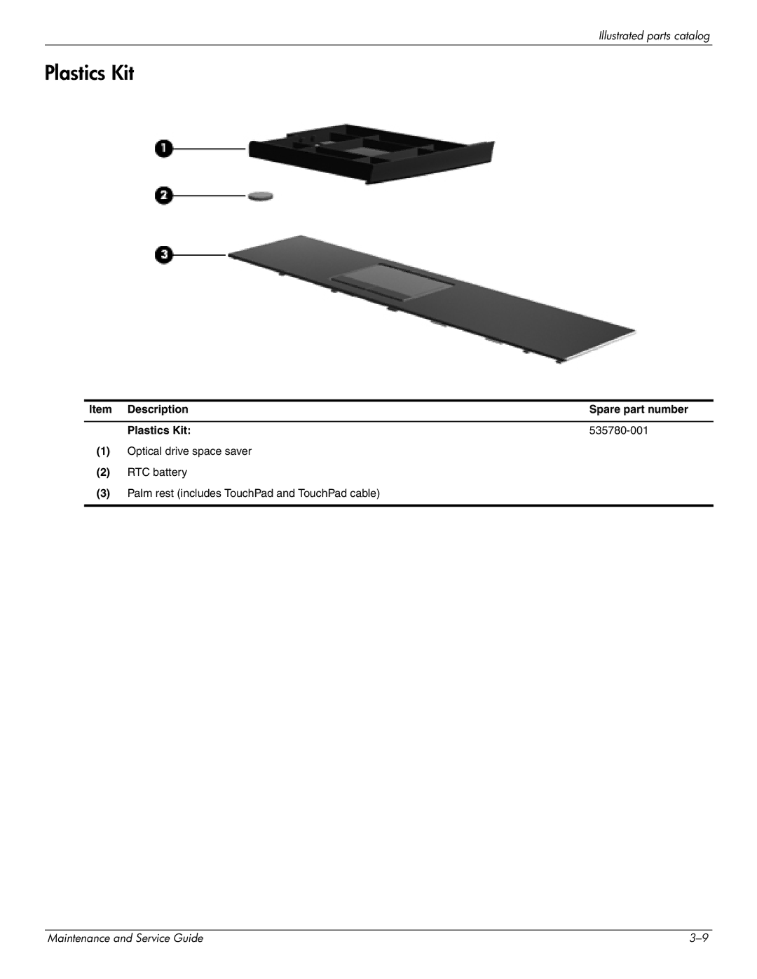 HP 4410t Mobile manual Item Description Spare part number Plastics Kit 535780-001 