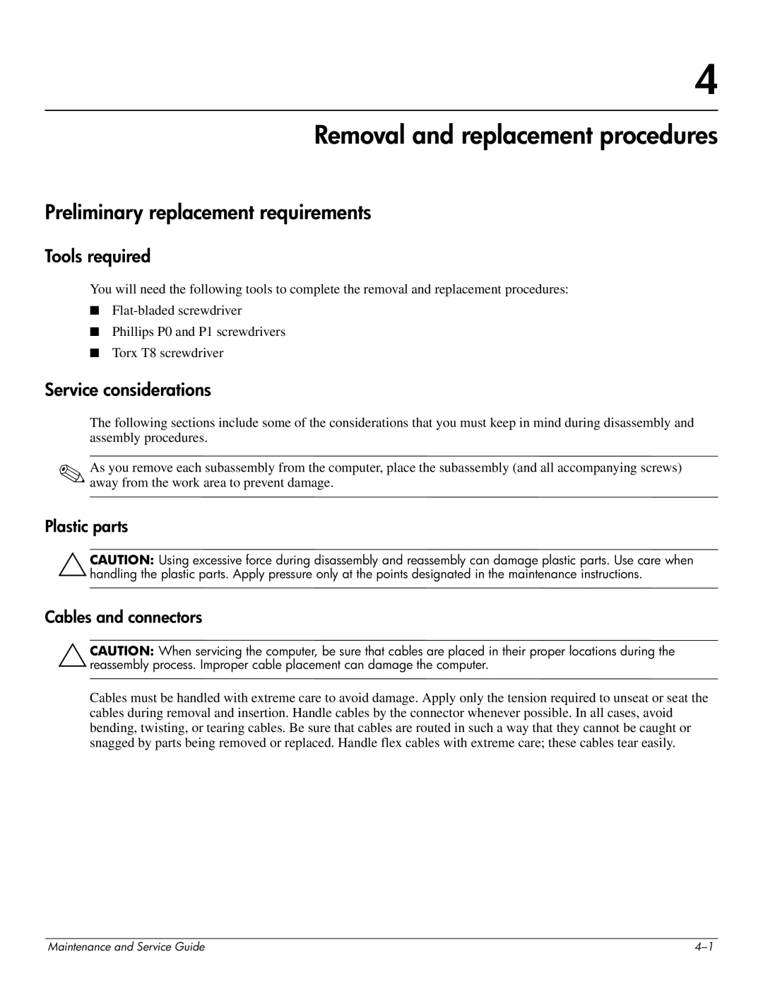 HP 4410t Mobile manual Removal and replacement procedures, Preliminary replacement requirements, Tools required 