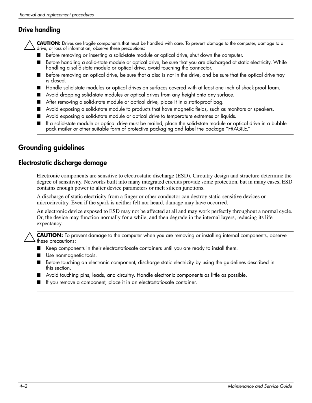 HP 4410t Mobile manual Grounding guidelines, Drive handling 