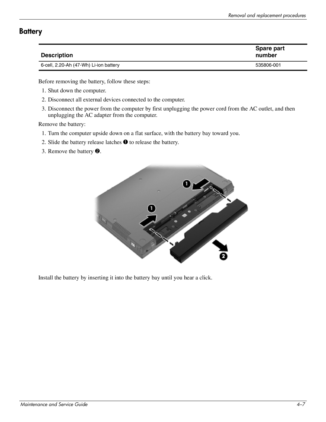 HP 4410t Mobile manual Battery, Description Number 