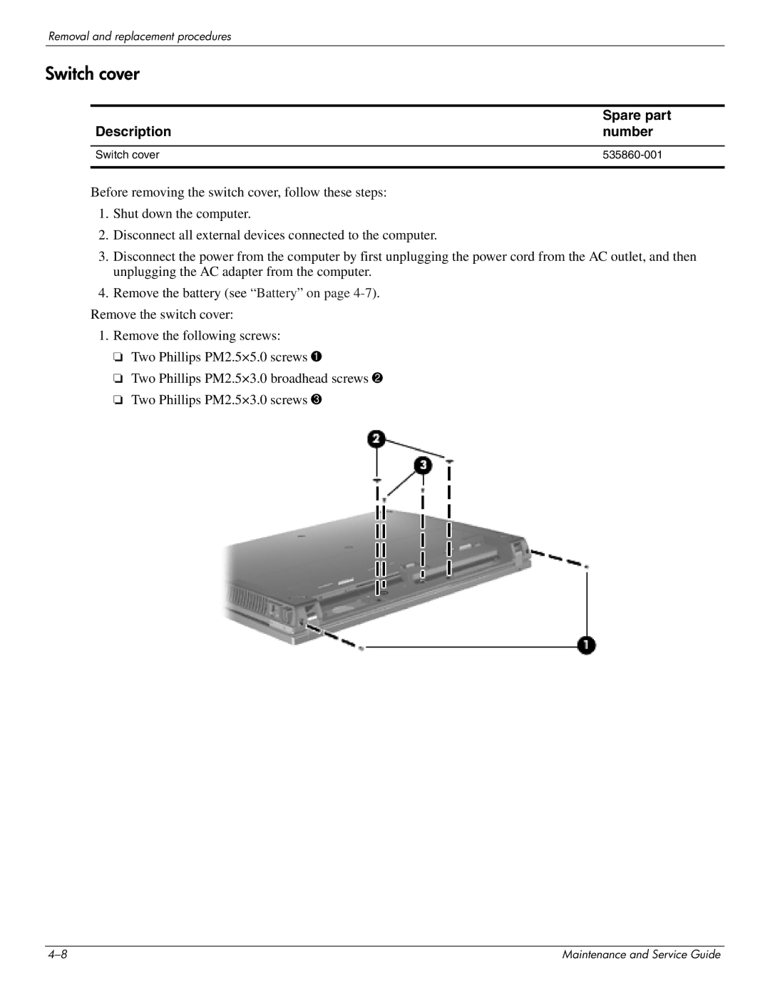 HP 4410t Mobile manual Switch cover 535860-001 