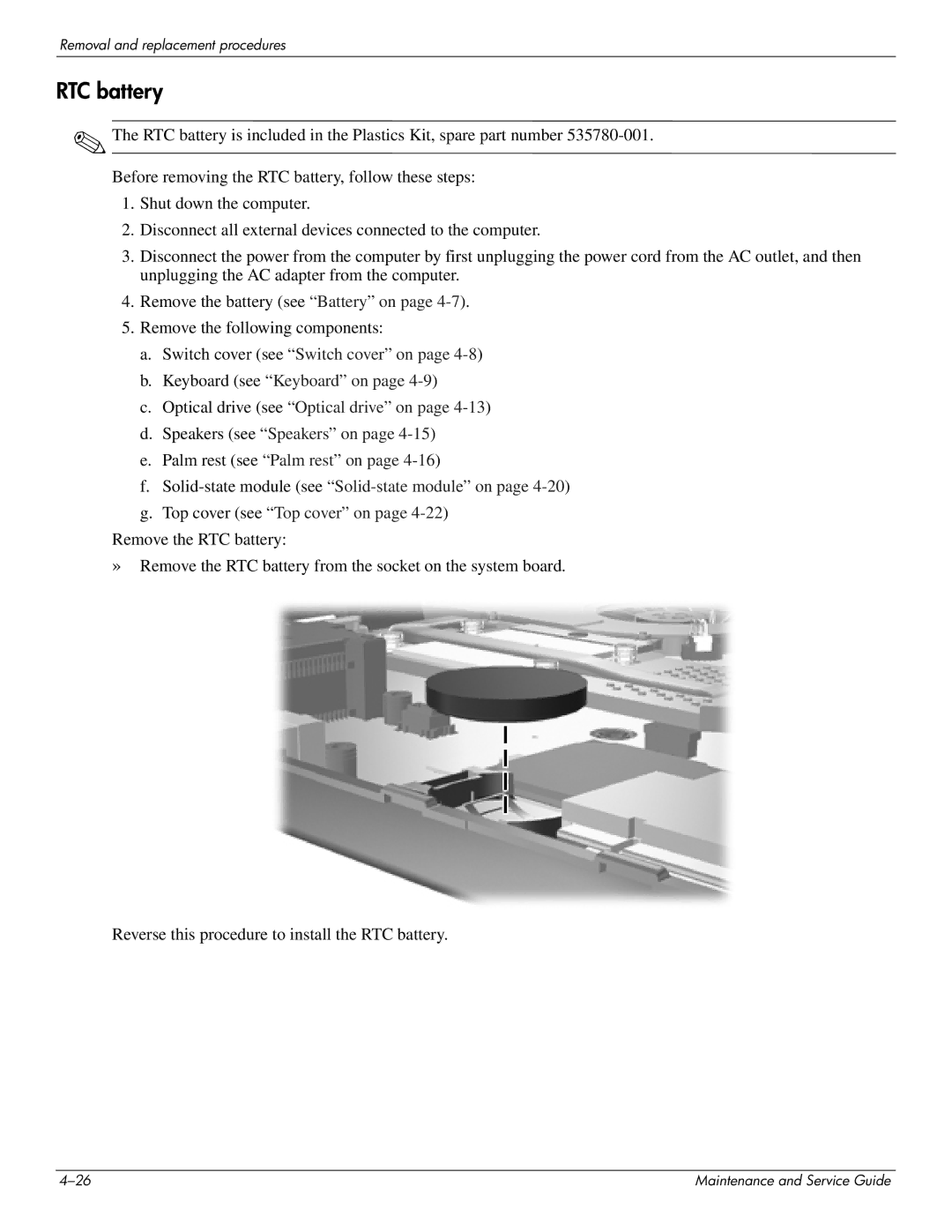 HP 4410t Mobile manual RTC battery 