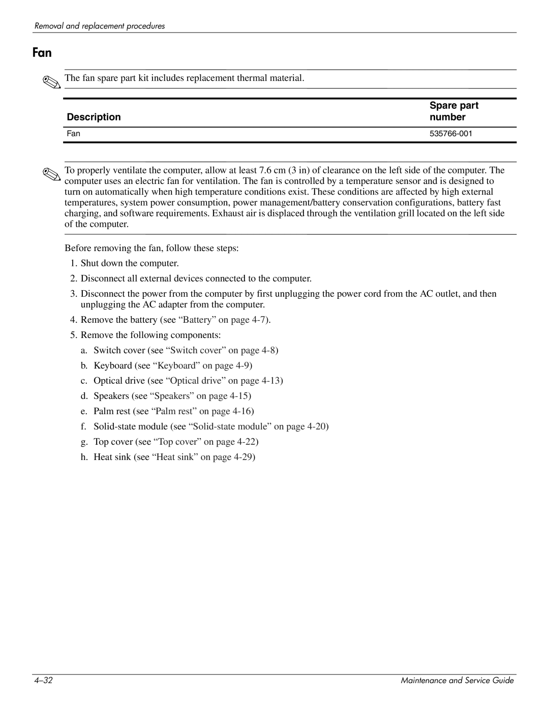 HP 4410t Mobile manual Fan 535766-001 