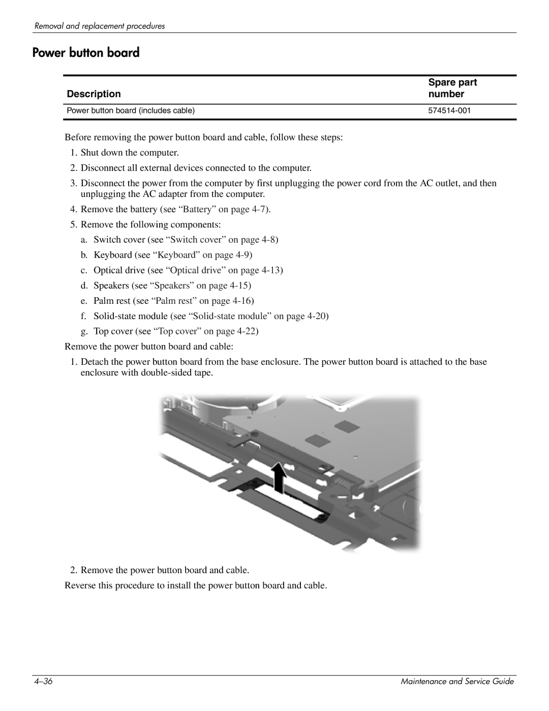 HP 4410t Mobile manual Power button board includes cable 574514-001 