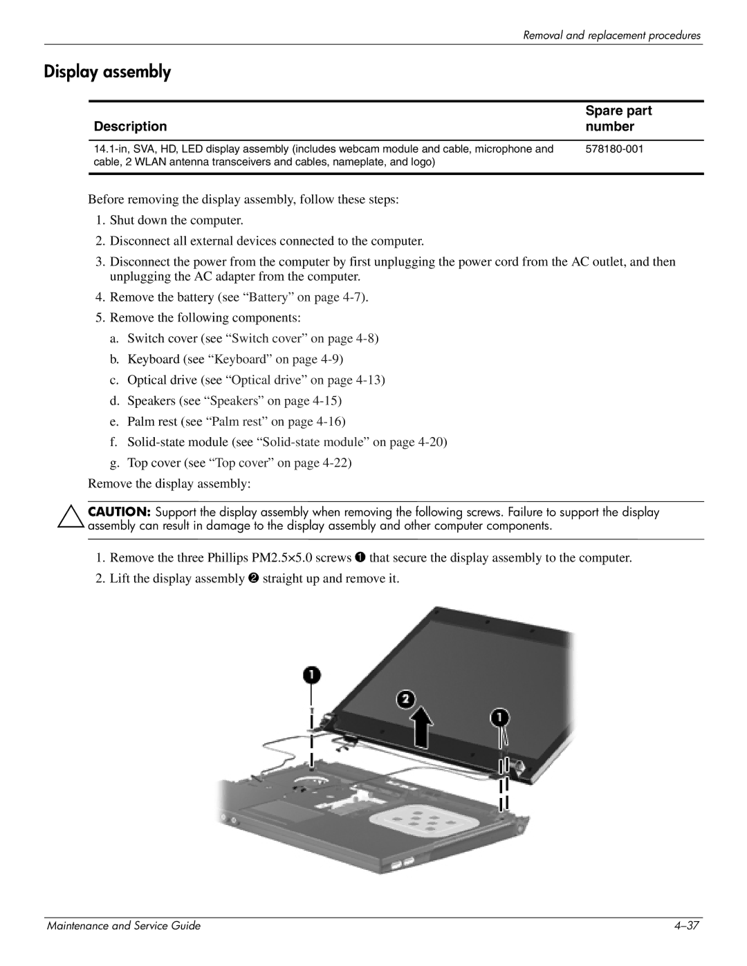 HP 4410t Mobile manual Display assembly, 578180-001 