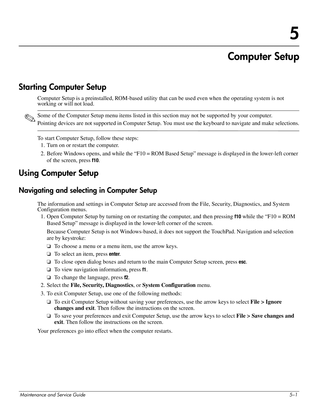 HP 4410t Mobile manual Starting Computer Setup, Using Computer Setup, Navigating and selecting in Computer Setup 