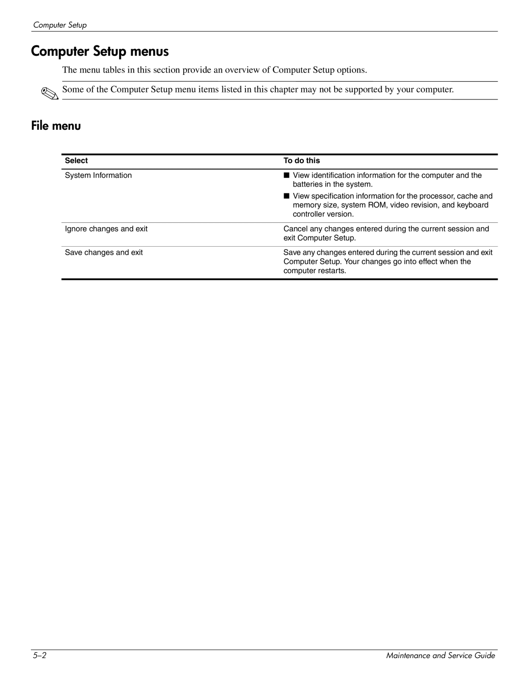 HP 4410t Mobile manual Computer Setup menus, File menu, Select To do this 