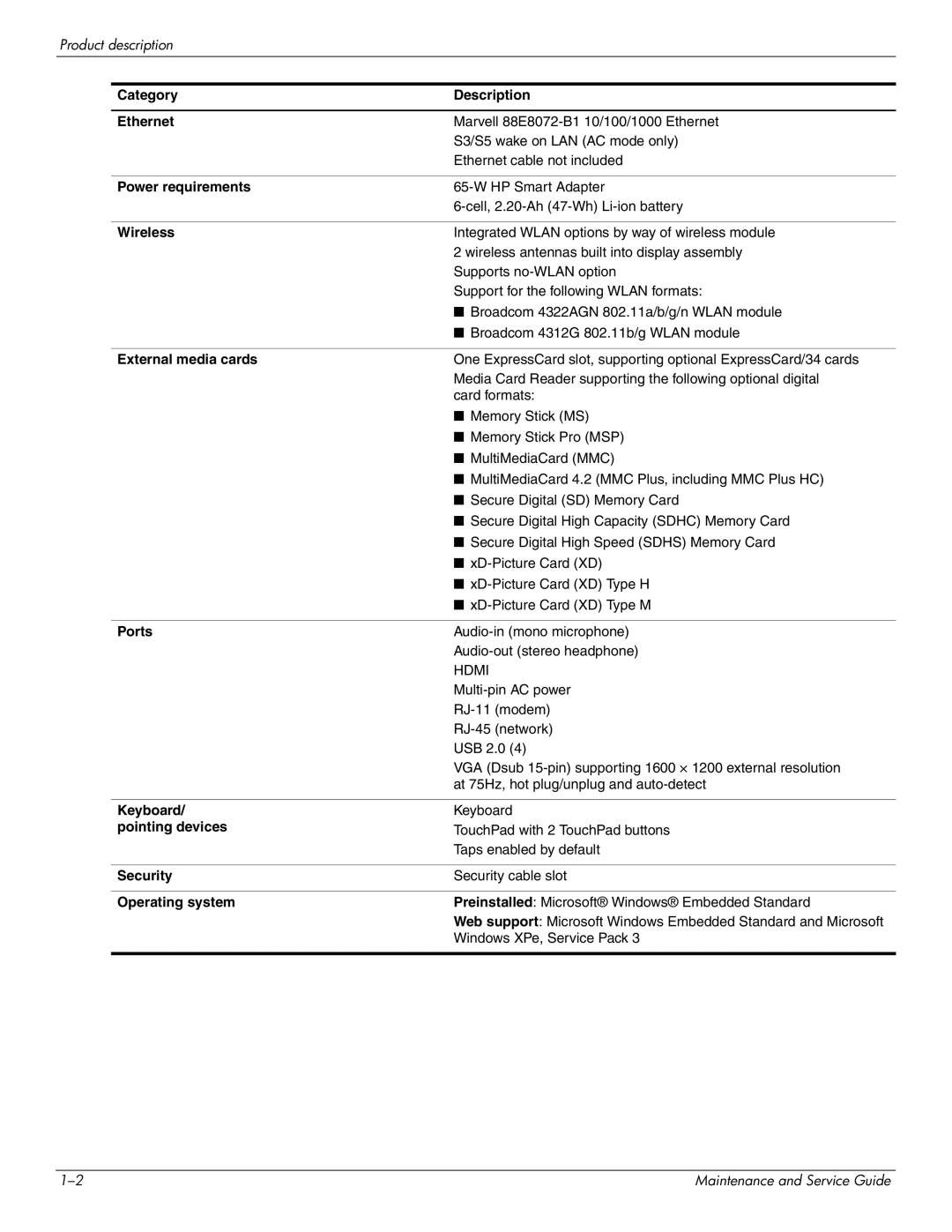 HP 4410t Mobile manual Category Description Ethernet, Power requirements, Wireless, External media cards, Ports, Keyboard 