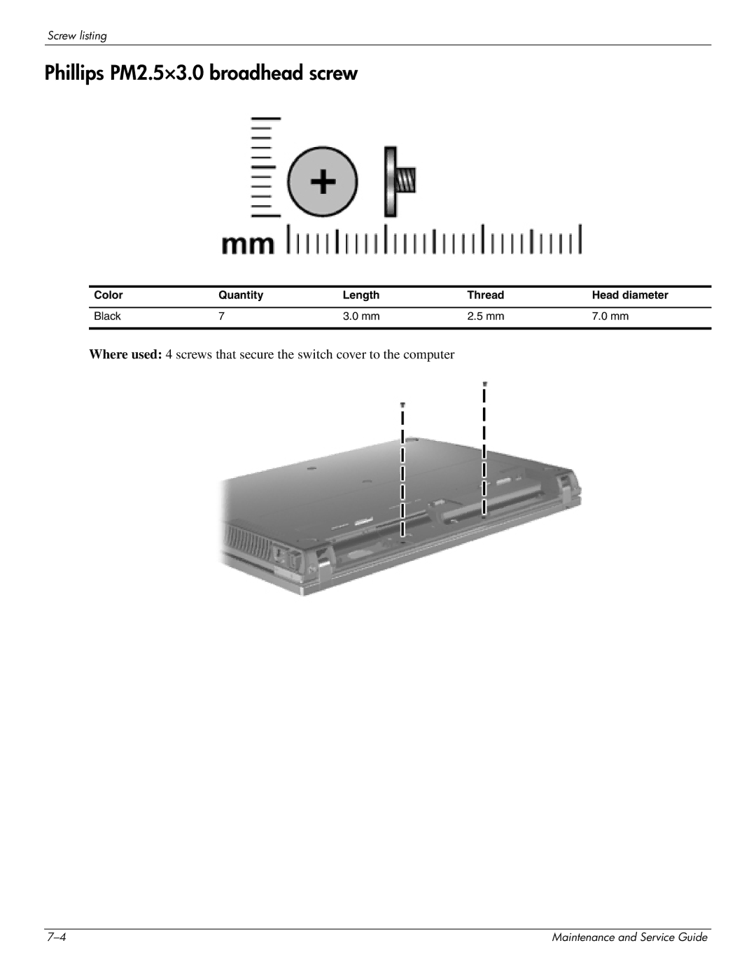 HP 4410t Mobile manual Phillips PM2.5×3.0 broadhead screw, Color Quantity Length Thread Head diameter Black 