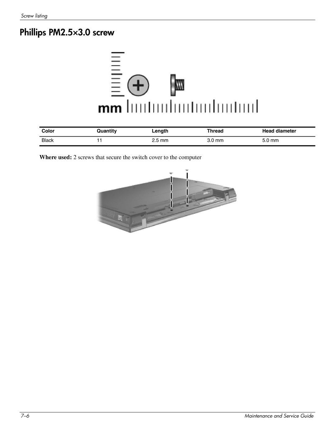 HP 4410t Mobile manual Phillips PM2.5×3.0 screw 