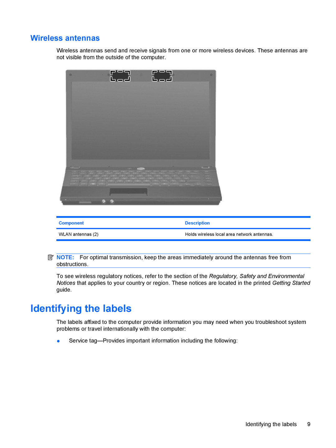 HP 4410t Mobile manual Identifying the labels, Wireless antennas 