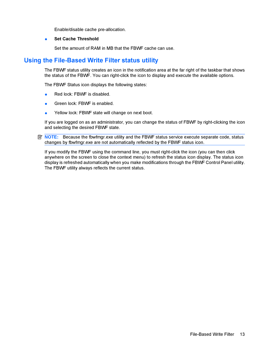 HP 4410t Mobile manual Using the File-Based Write Filter status utility, Set Cache Threshold 