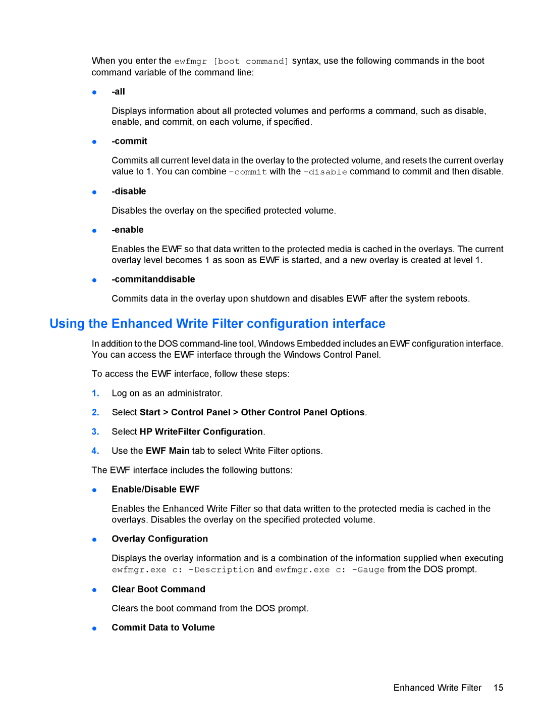 HP 4410t Mobile manual Using the Enhanced Write Filter configuration interface 