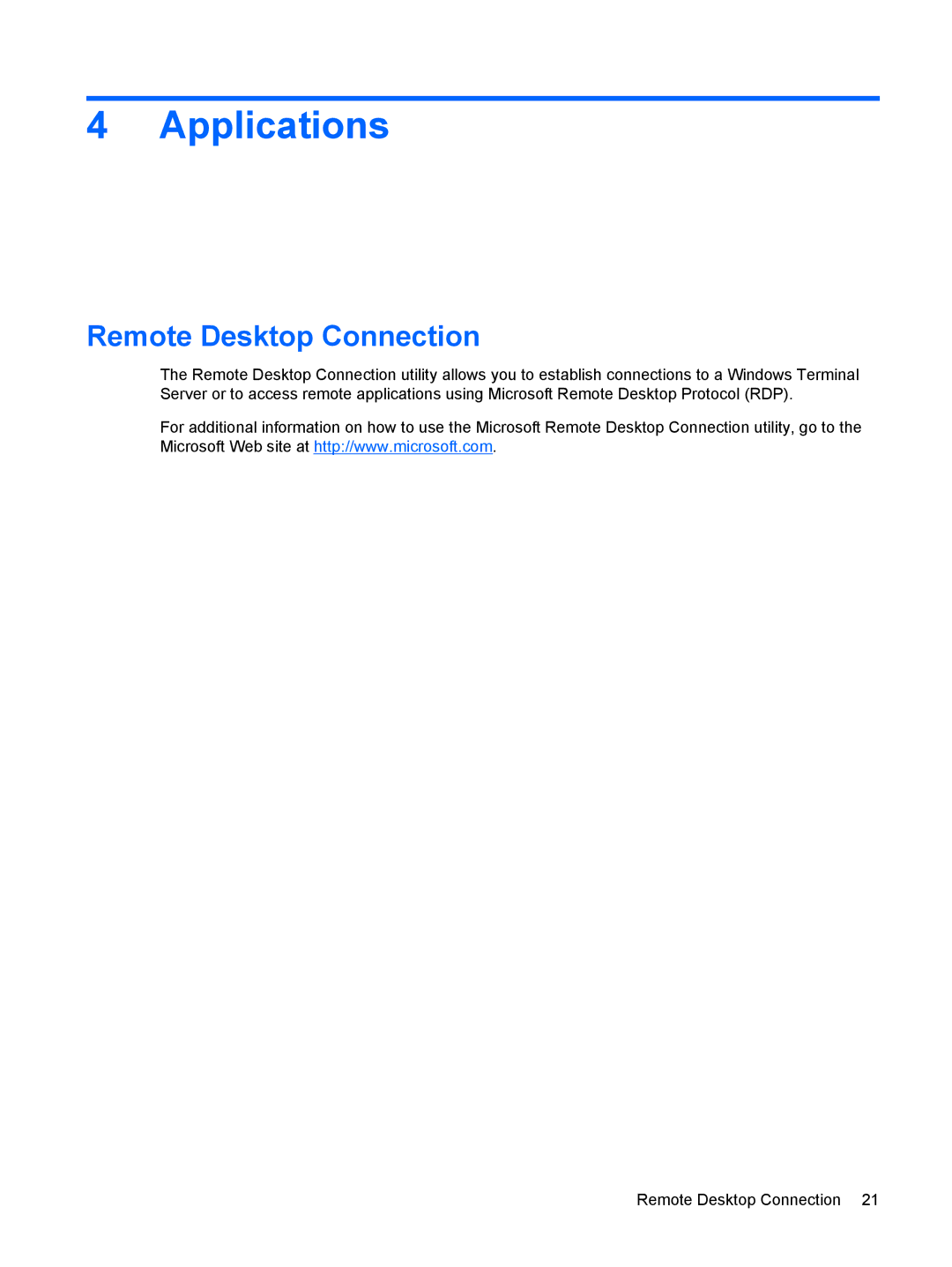 HP 4410t Mobile manual Applications, Remote Desktop Connection 