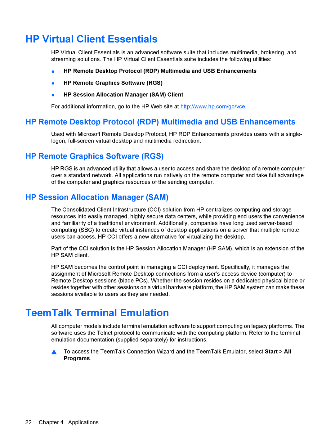 HP 4410t Mobile manual HP Virtual Client Essentials, TeemTalk Terminal Emulation, HP Remote Graphics Software RGS 