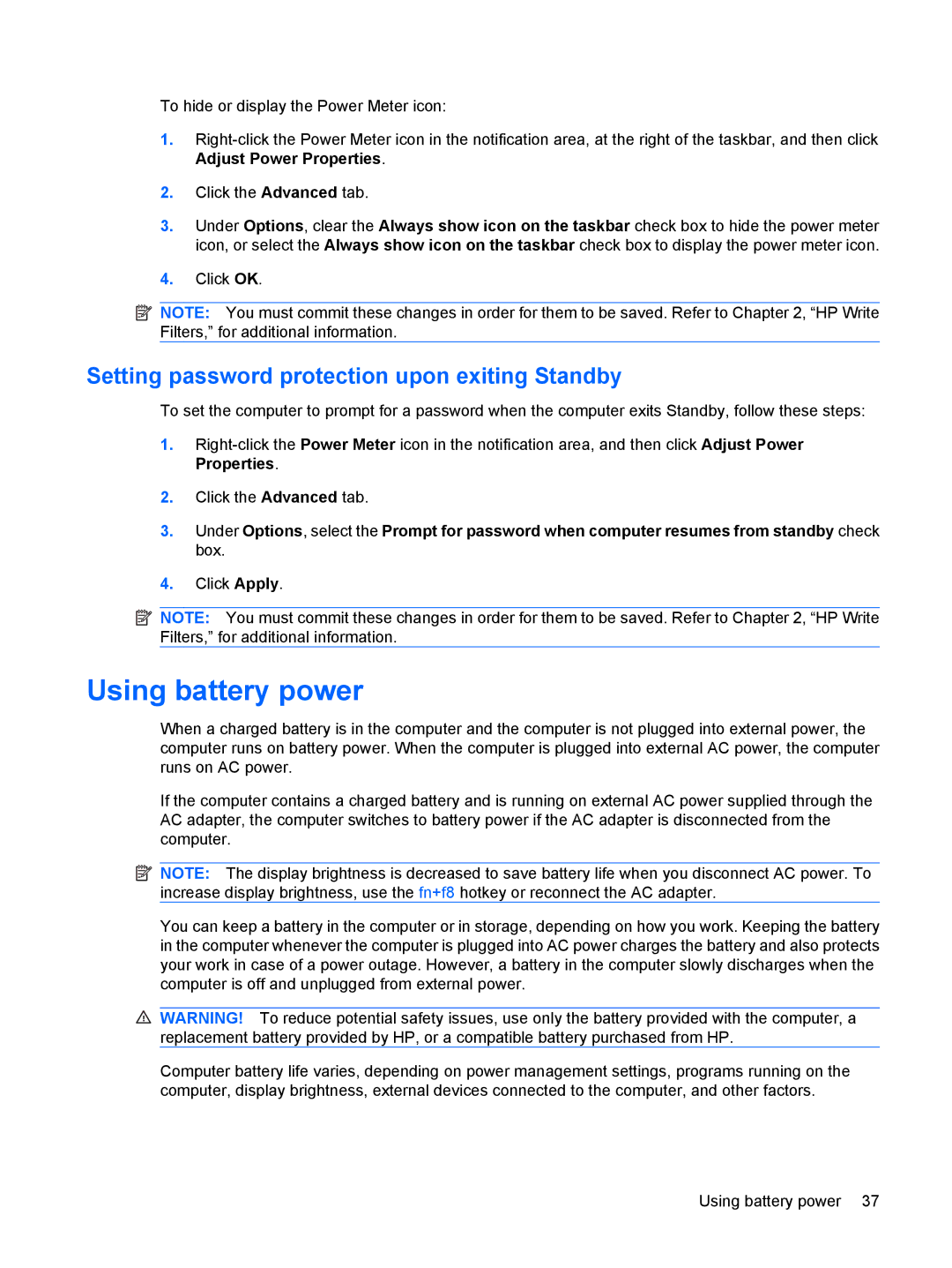 HP 4410t Mobile manual Using battery power, Setting password protection upon exiting Standby 