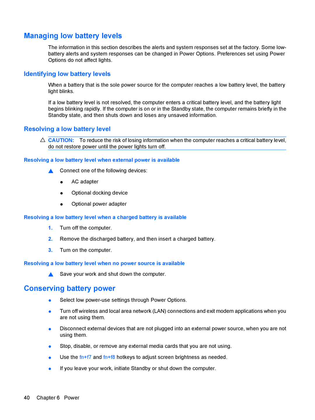 HP 4410t Mobile manual Managing low battery levels, Conserving battery power, Identifying low battery levels 