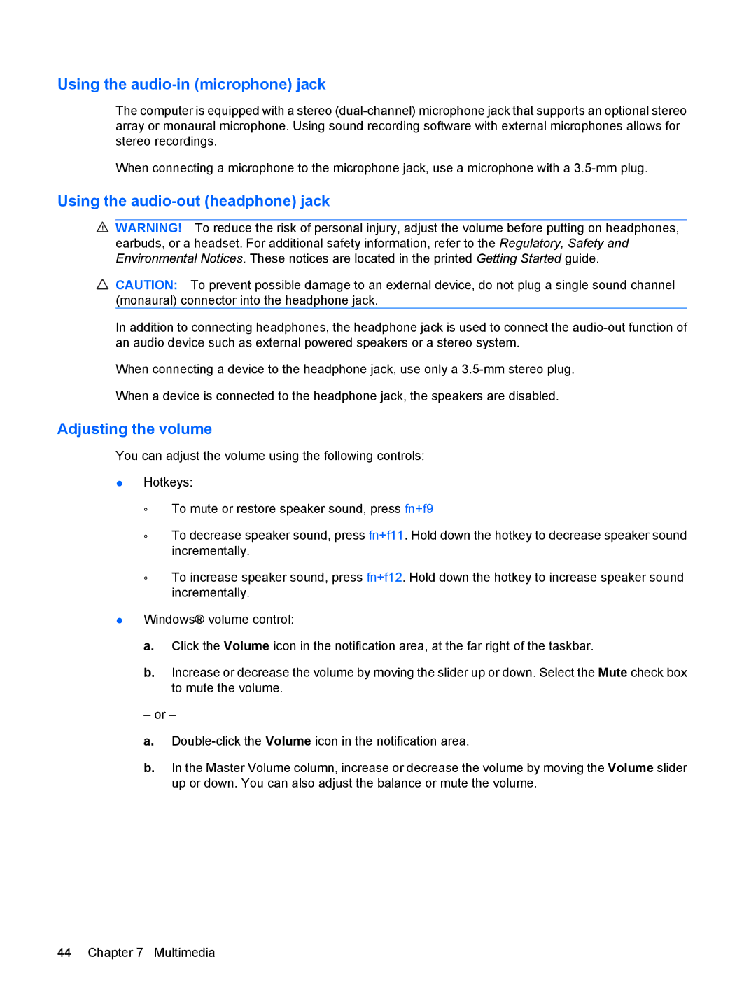 HP 4410t Mobile manual Using the audio-in microphone jack, Using the audio-out headphone jack, Adjusting the volume 