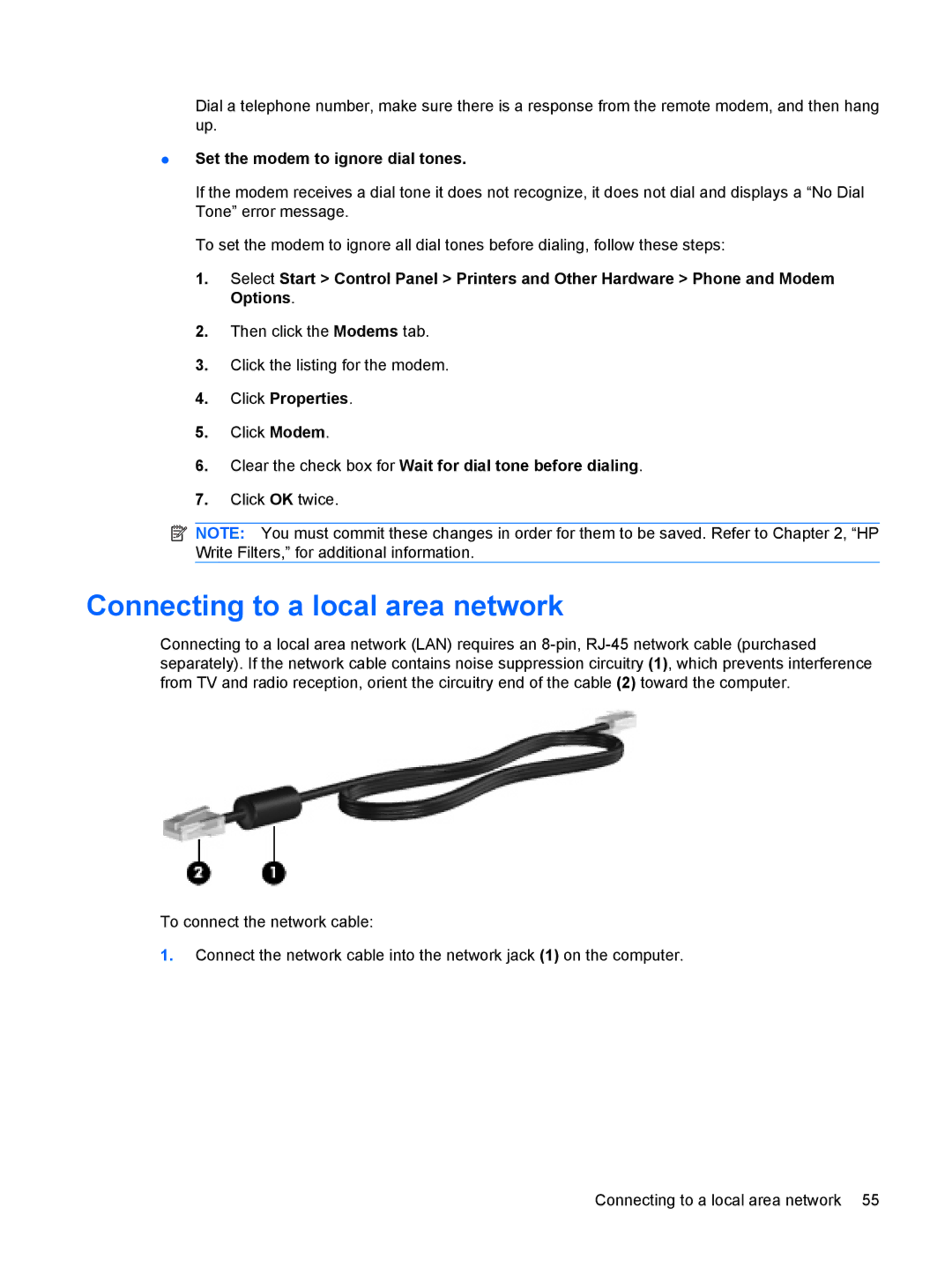 HP 4410t Mobile manual Connecting to a local area network, Set the modem to ignore dial tones, Click Properties 