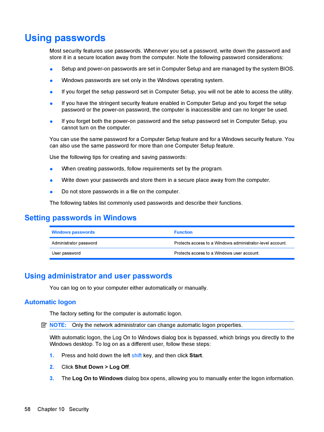 HP 4410t Mobile Using passwords, Setting passwords in Windows, Using administrator and user passwords, Automatic logon 