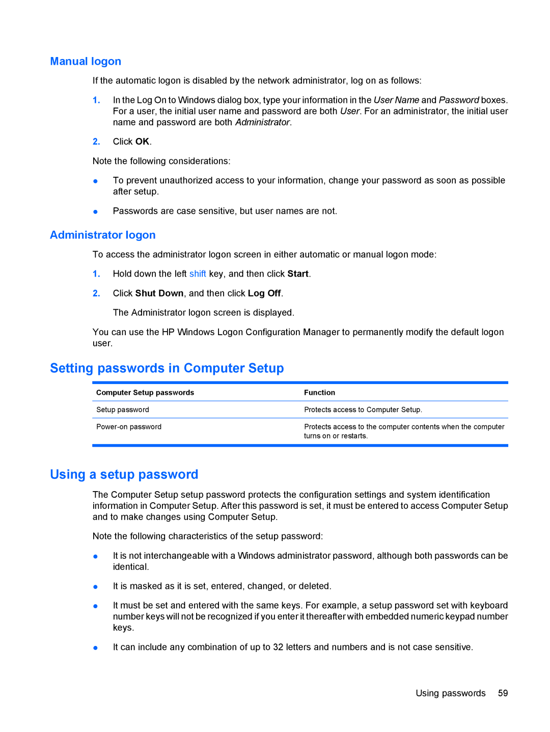 HP 4410t Mobile manual Setting passwords in Computer Setup, Using a setup password, Manual logon, Administrator logon 