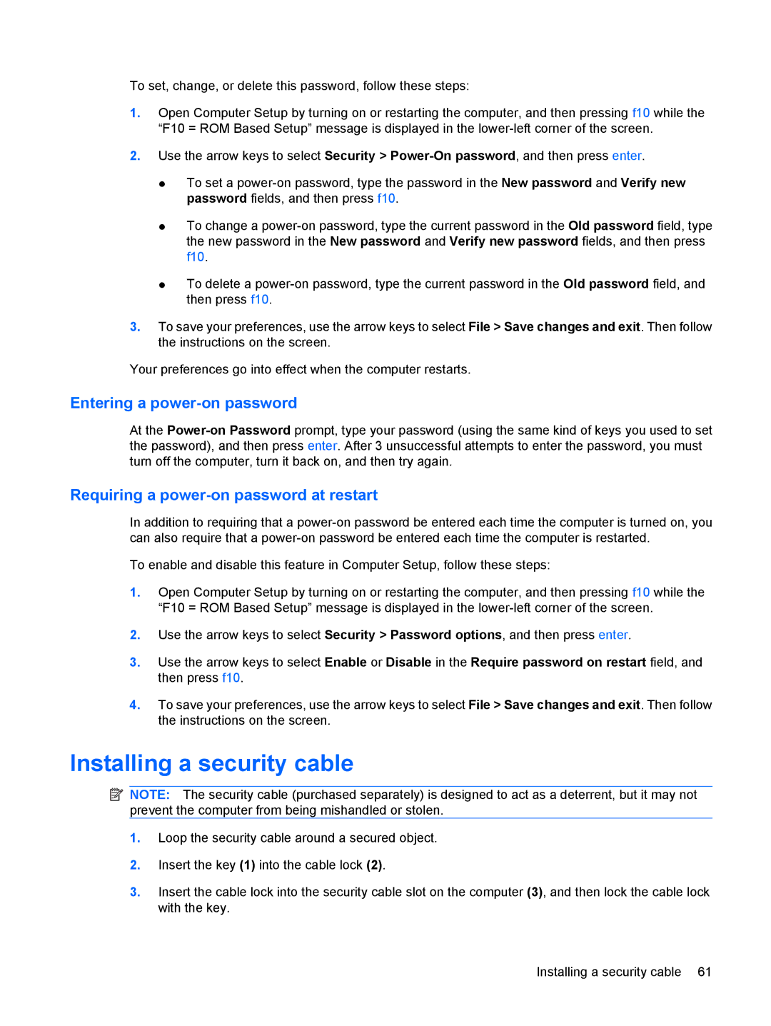 HP 4410t Mobile manual Installing a security cable, Entering a power-on password, Requiring a power-on password at restart 
