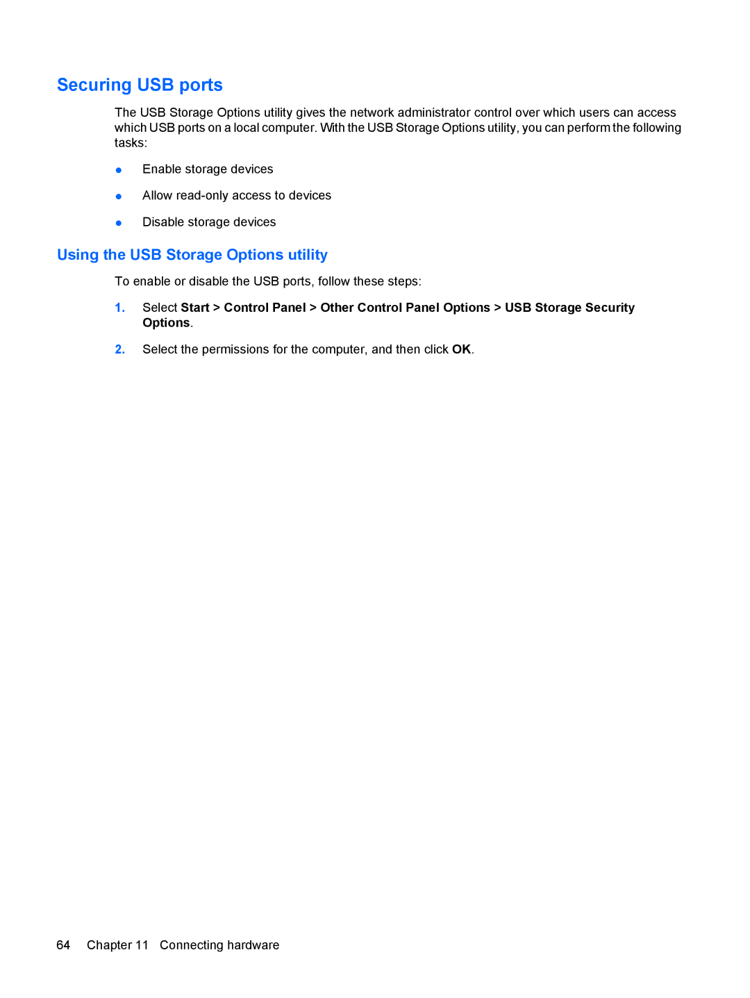 HP 4410t Mobile manual Securing USB ports, Using the USB Storage Options utility 