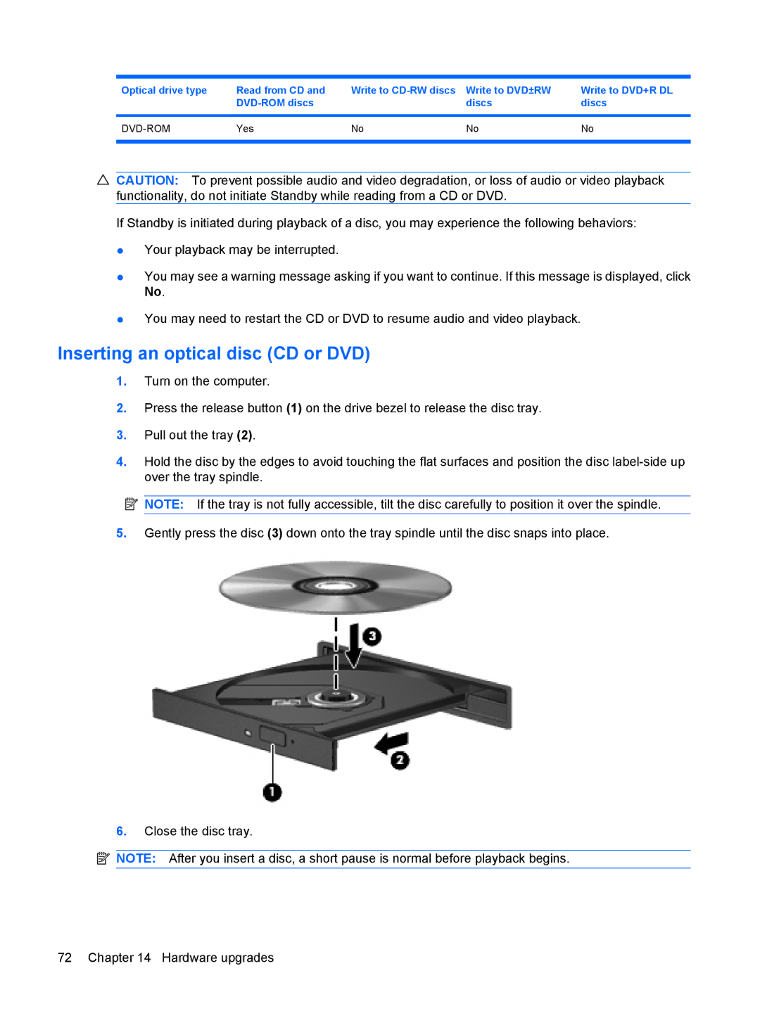 HP 4410t Mobile manual Inserting an optical disc CD or DVD 