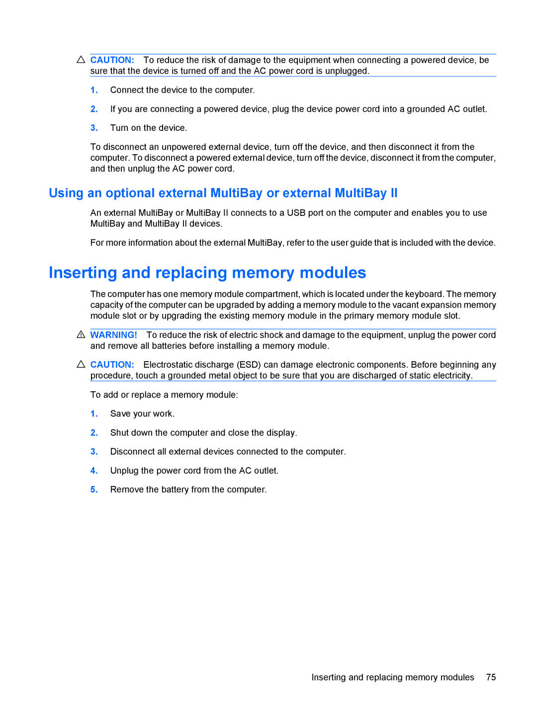 HP 4410t Mobile manual Inserting and replacing memory modules, Using an optional external MultiBay or external MultiBay 