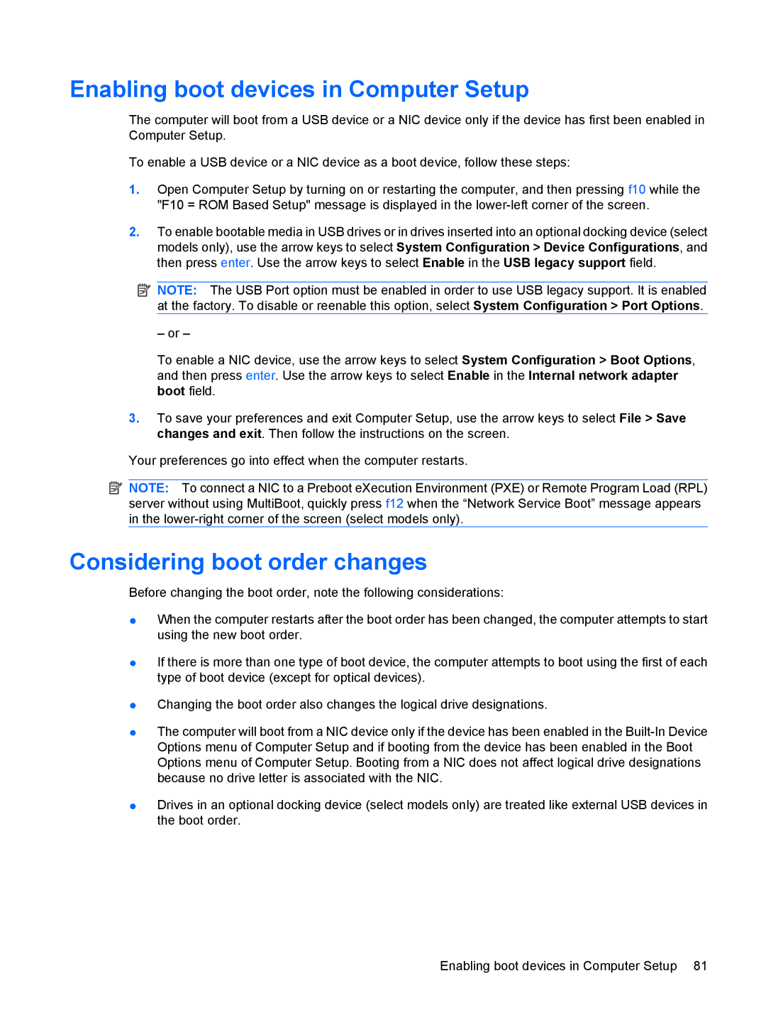 HP 4410t Mobile manual Enabling boot devices in Computer Setup, Considering boot order changes 