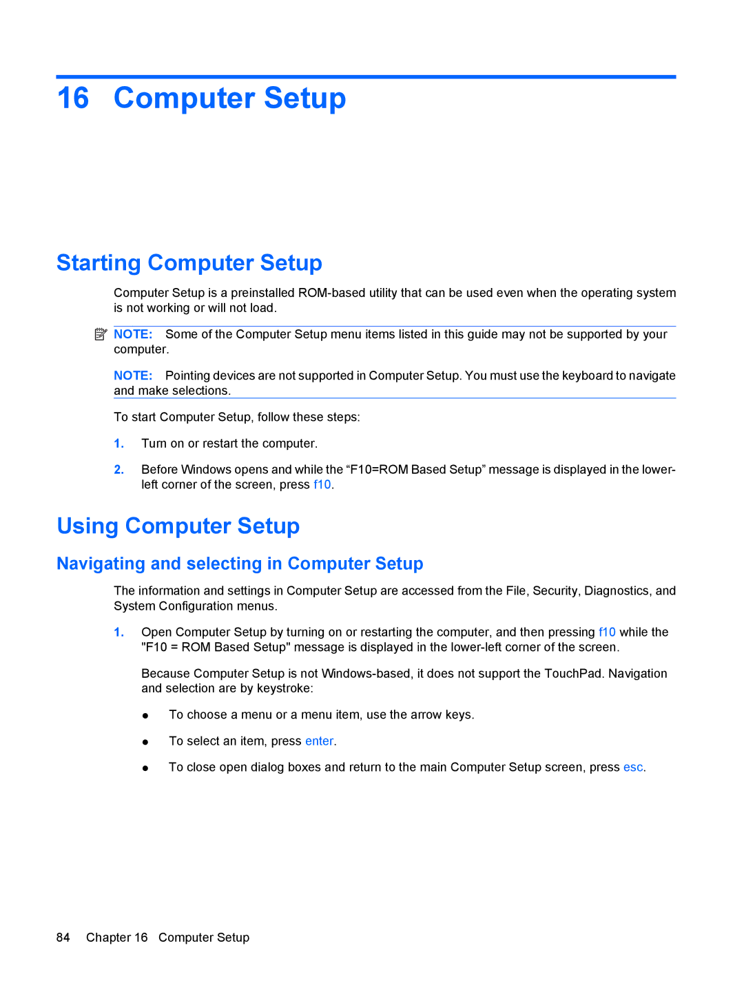 HP 4410t Mobile manual Starting Computer Setup, Using Computer Setup, Navigating and selecting in Computer Setup 